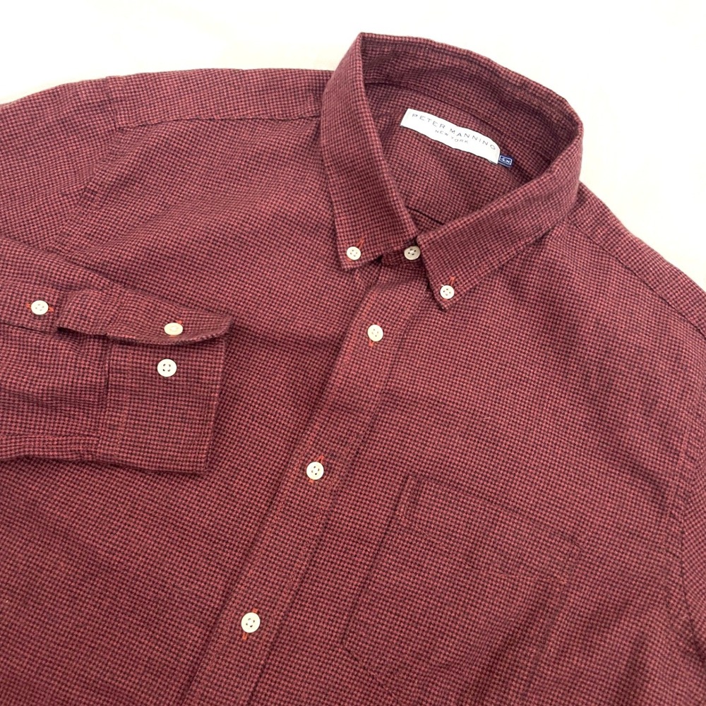 Peter Manning Button Down Mens XL Burgundy Houndstooth Cotton Long Sleeve Shirt
